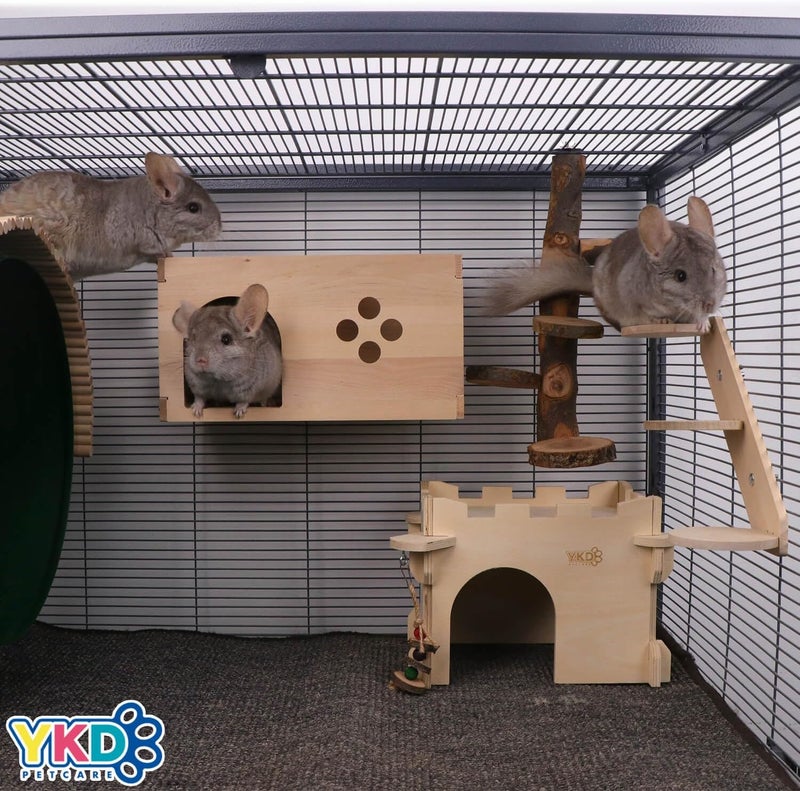 YKD Chinchilla Wooden House with Ladder - Small Animal Hideout for Squirrel or Sugar Gliders - Ventilated Wooden Chinchilla Hut Hideout with Multiple Doors - Image 2